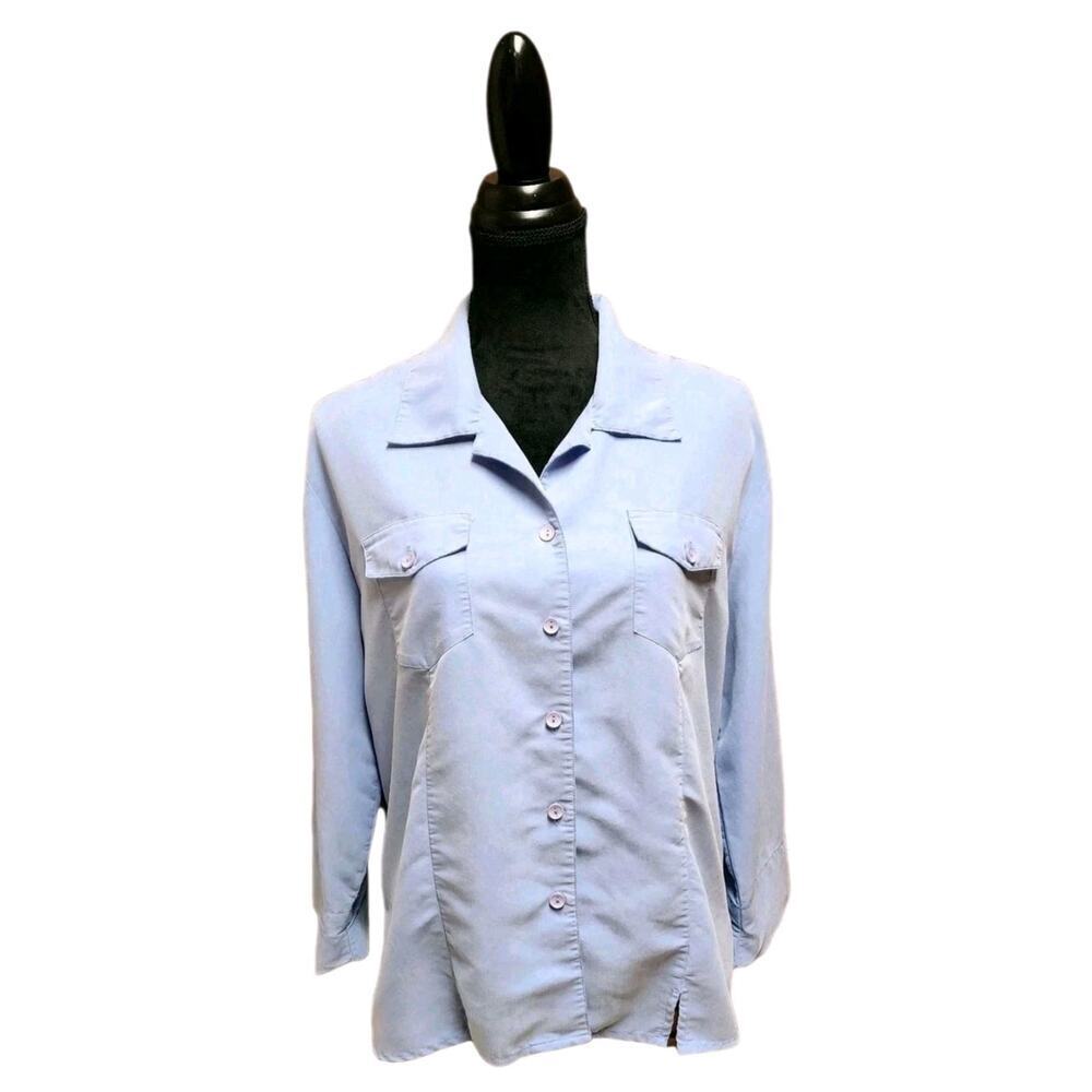 Sarah Bentley Women's 1X Blouse Long-Sleeve Metallic Blue Button-Up Collared Top